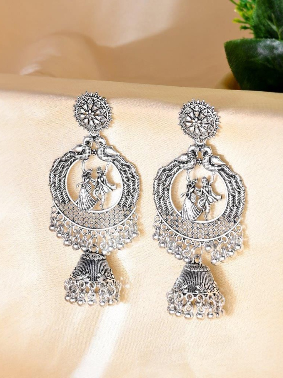 

VOJ Silver-Plated Stainless Steel Krishna Cricluar Oxidised Circular Drop Earrings