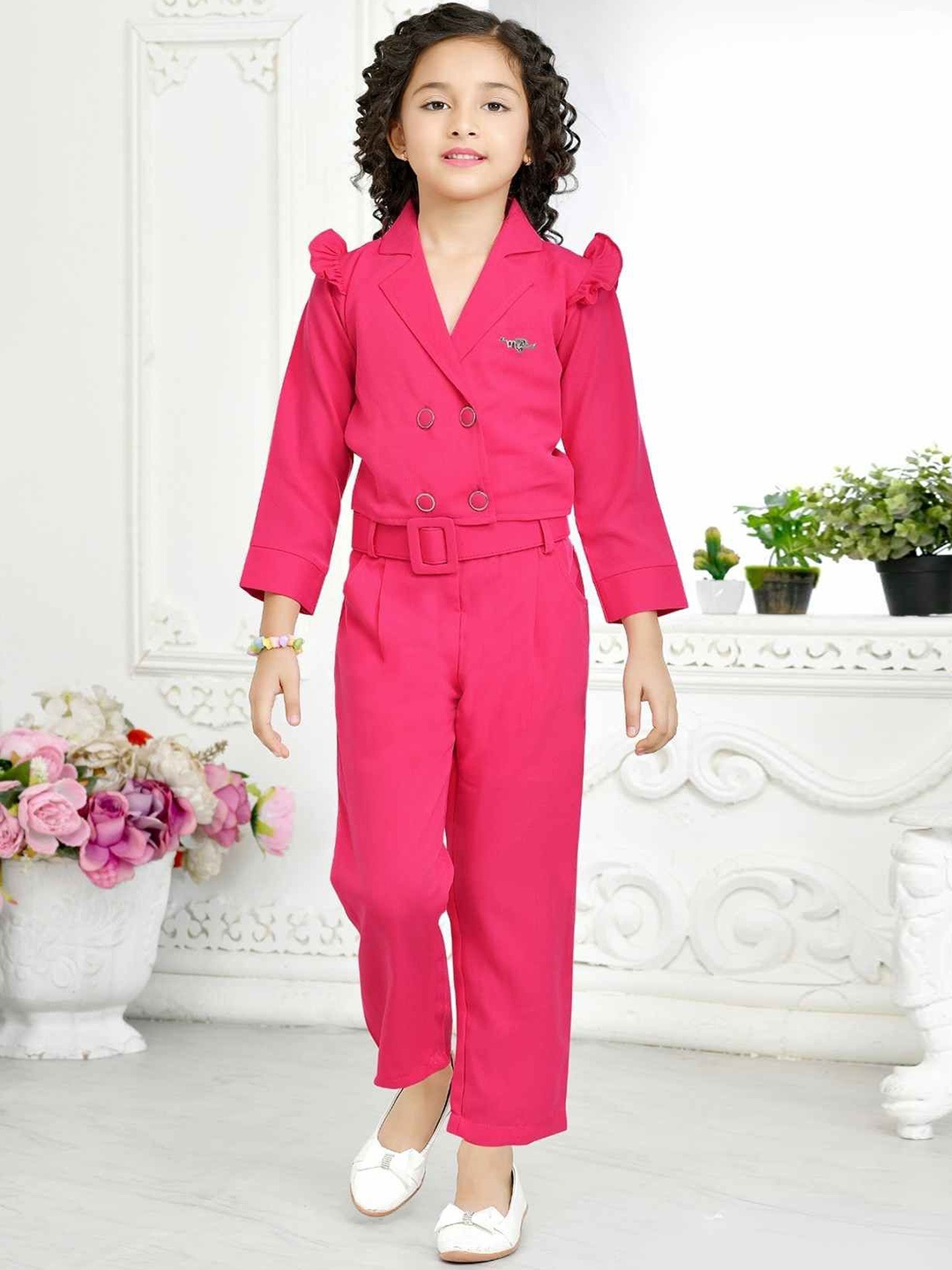

Lagorii Girls Notched Lapel Collar Double Breasted With Trouser, Pink