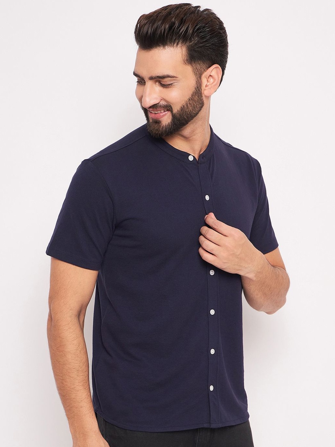 

GET GOLF Men Band Collar Solid Cotton Casual Shirt, Navy blue