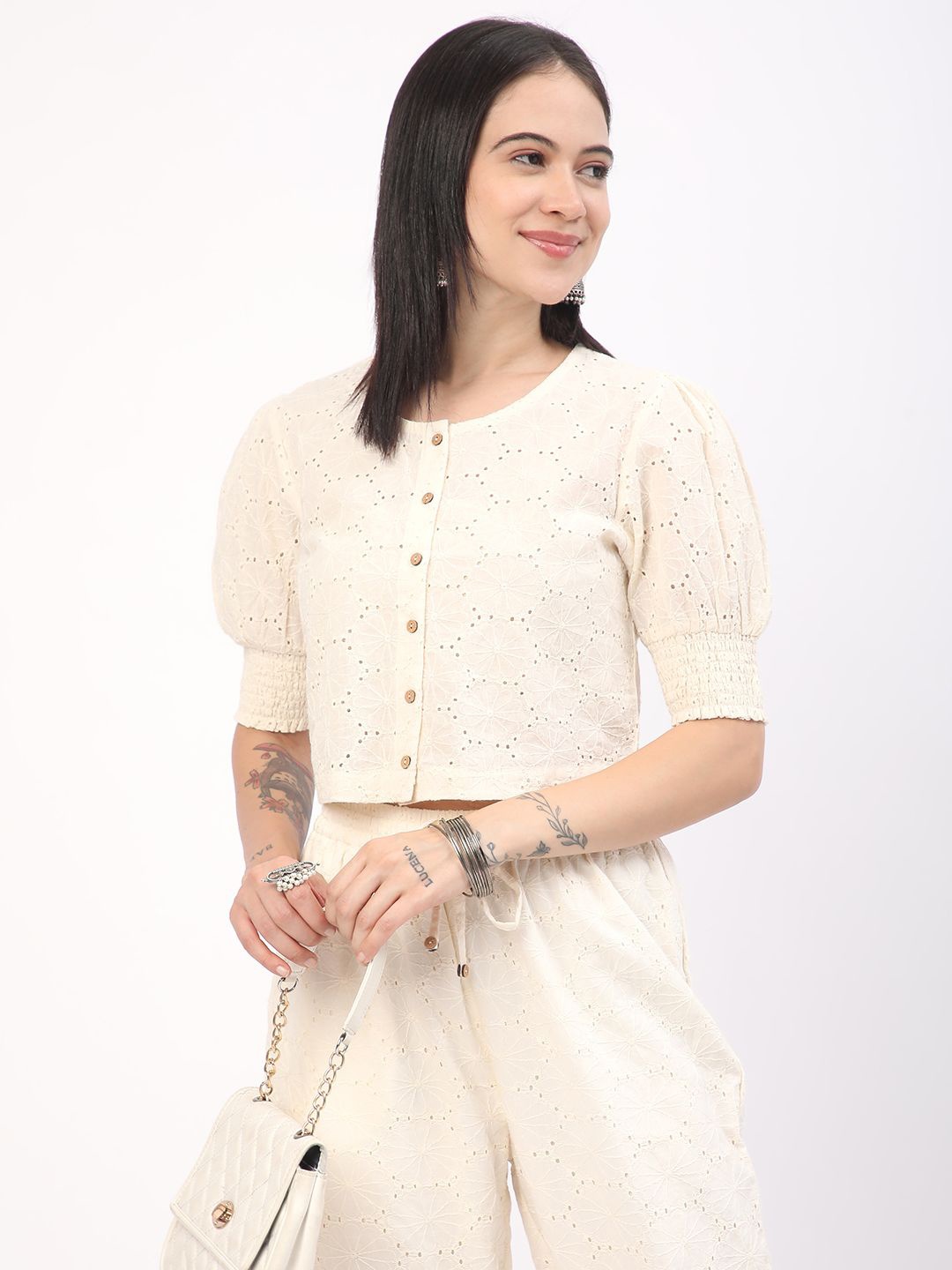 

R&B Women Schiffli Puff Sleeve Cotton Shirt Style Crop Top, White