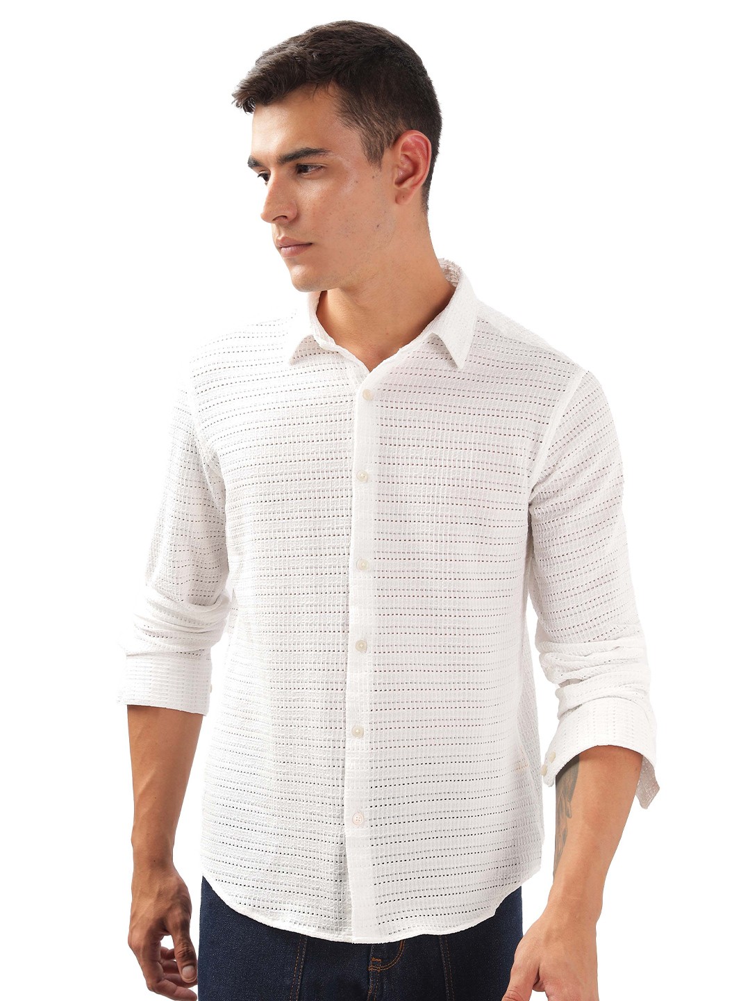 

ilyzly Men Standard Spread Collar Solid Cotton Casual Shirt, White