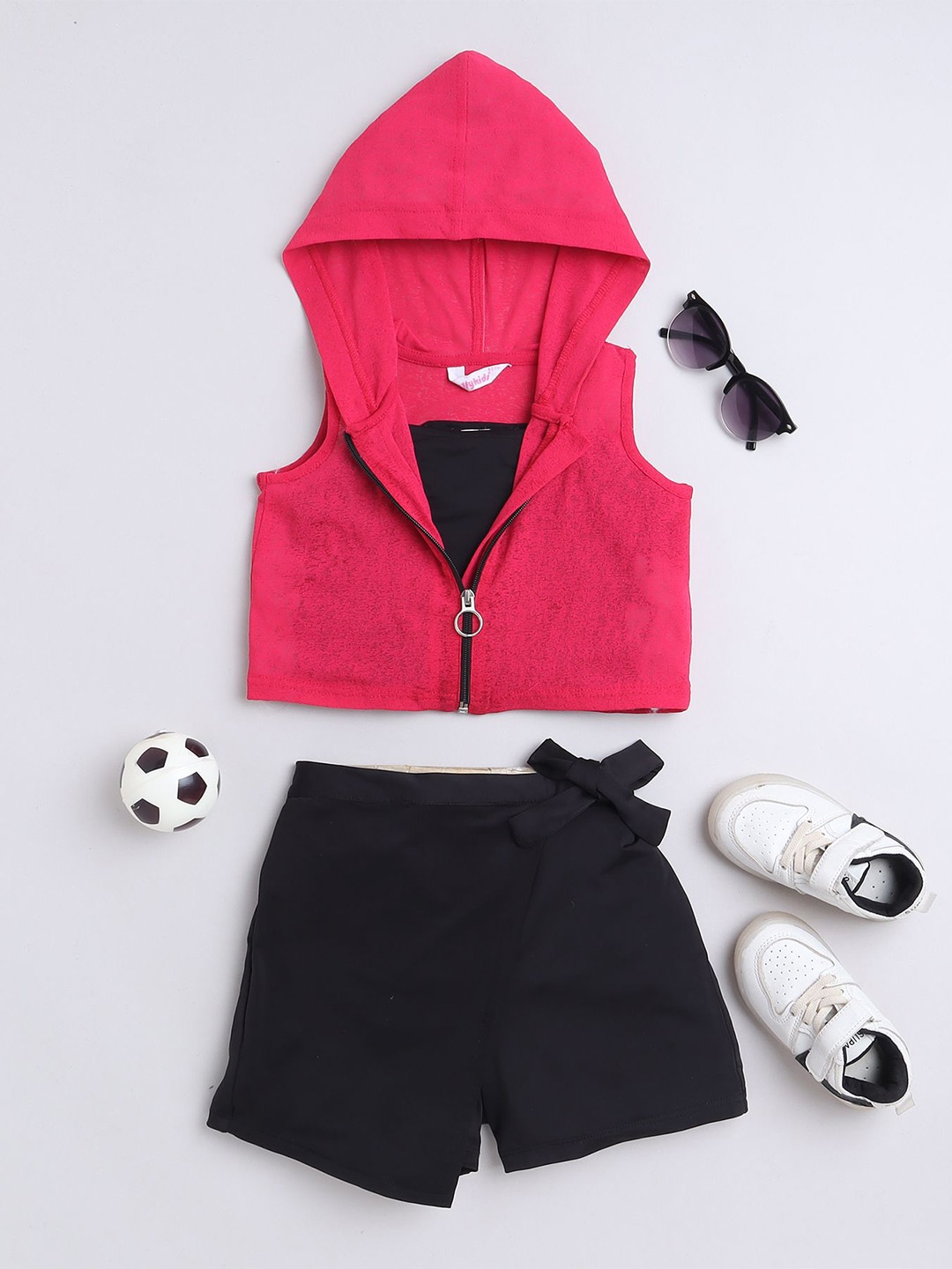 

taffykids Girls Sleeveless Zip Up Crop Hoodie With Tie Up Skort And Singlet Crop Top, Pink