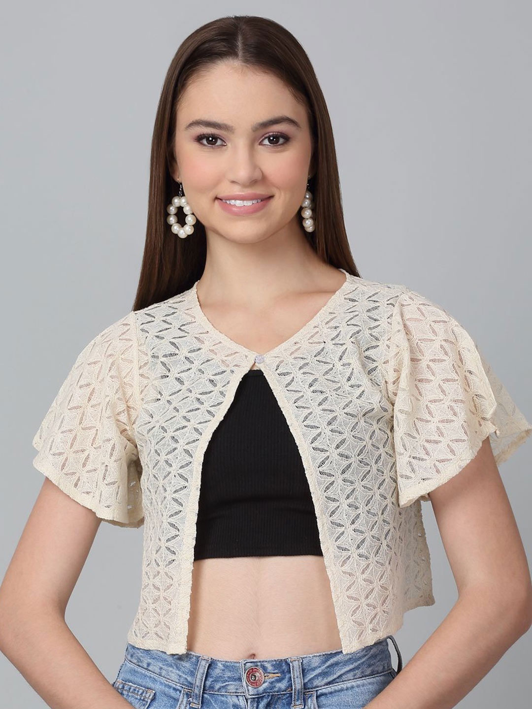 

Dressitude Self Design Button Closure Cotton Crop Shrug, Cream