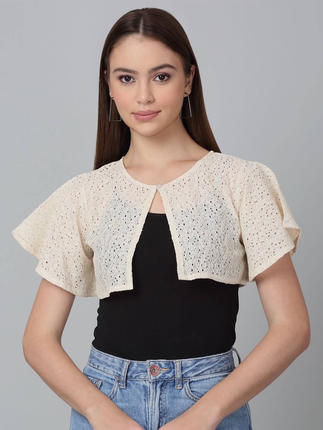 

Dressitude Self Design Button Closure Cotton Crop Shrug, Cream
