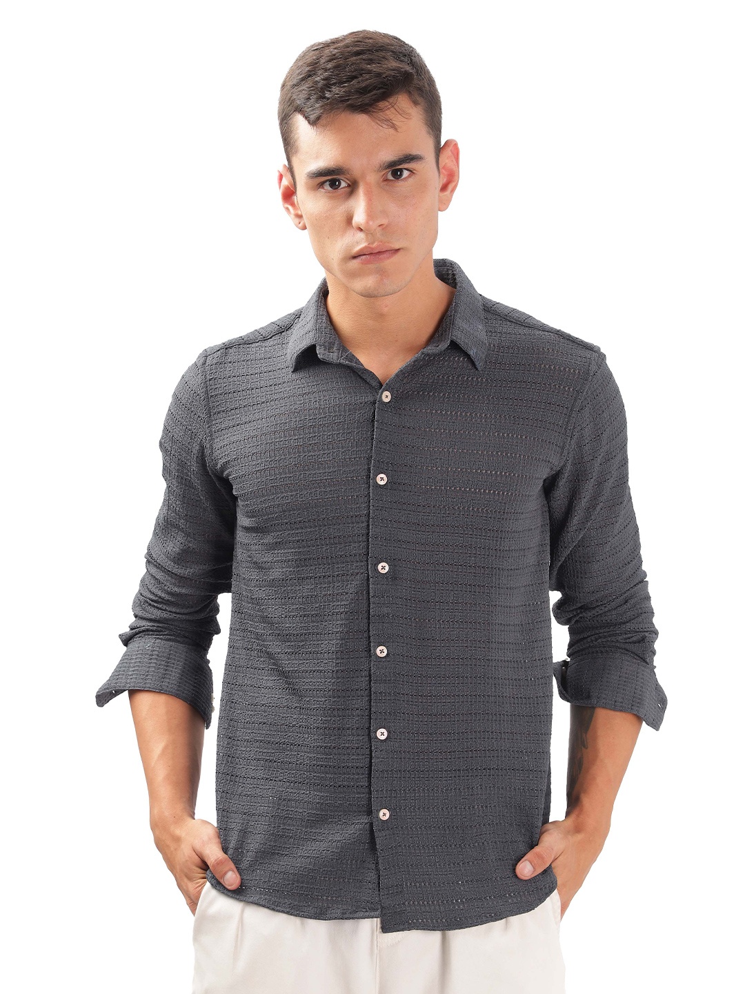 

ilyzly Men Standard Spread Collar Solid Cotton Casual Shirt, Grey
