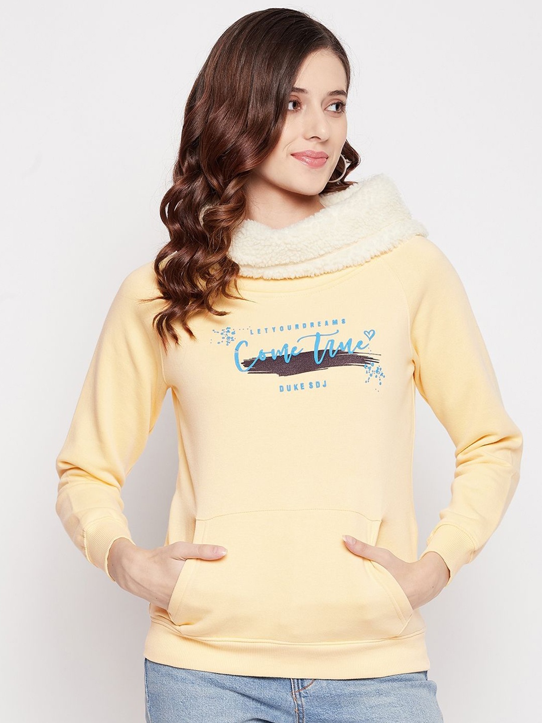 

Duke Women Typography Printed Turtle Neck Long Sleeves Pullover Sweatshirt, Yellow