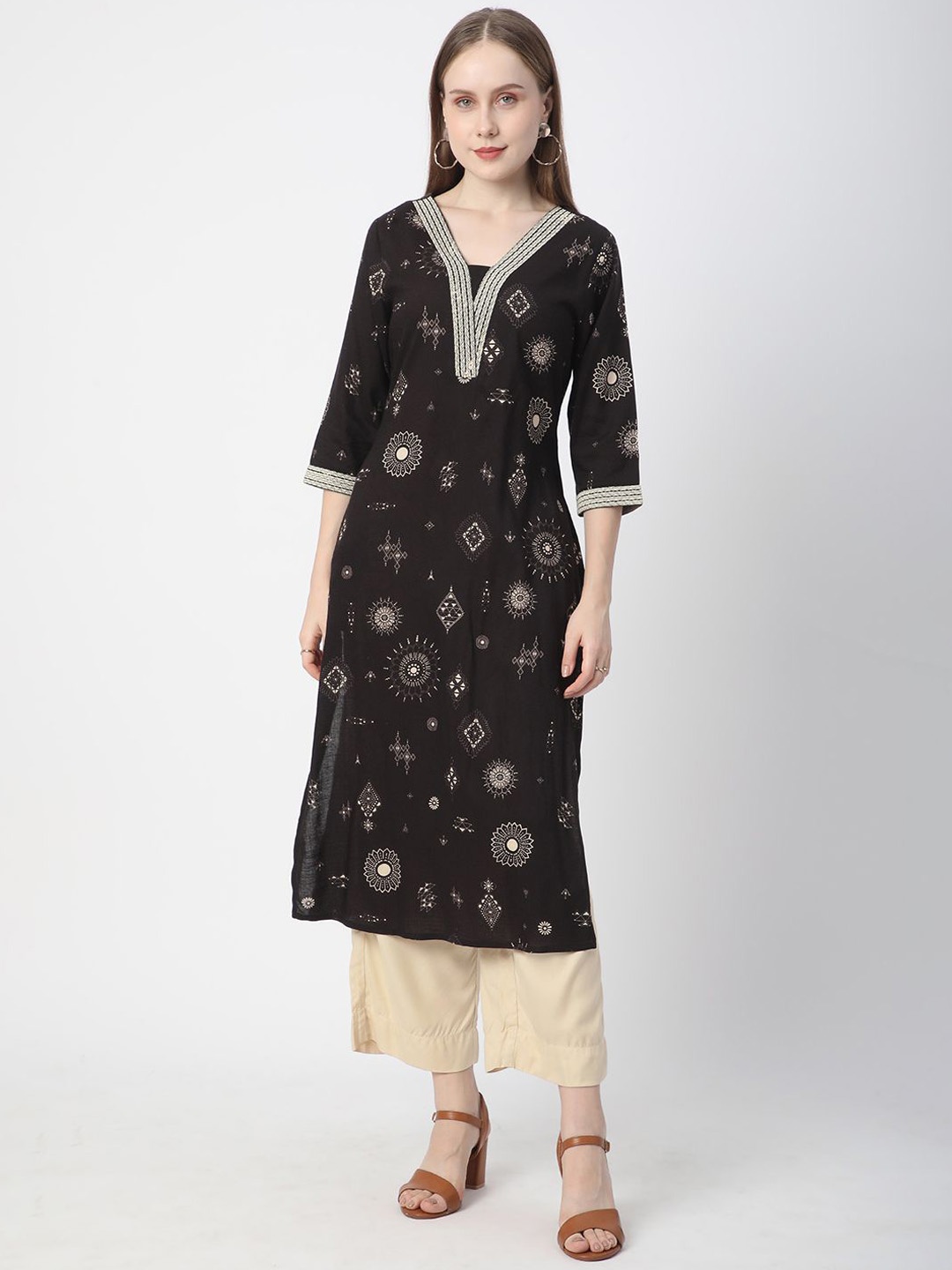 

R&B Floral Printed Chikankari Straight Kurta, Black