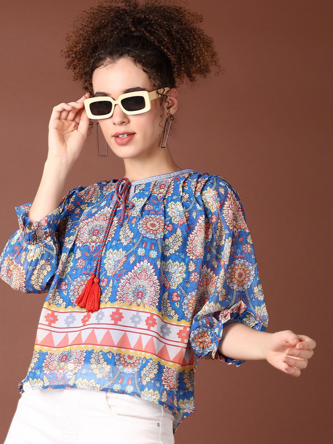 

V-Mart Women Floral Printed Tie-Up Neck Cotton Top, Blue