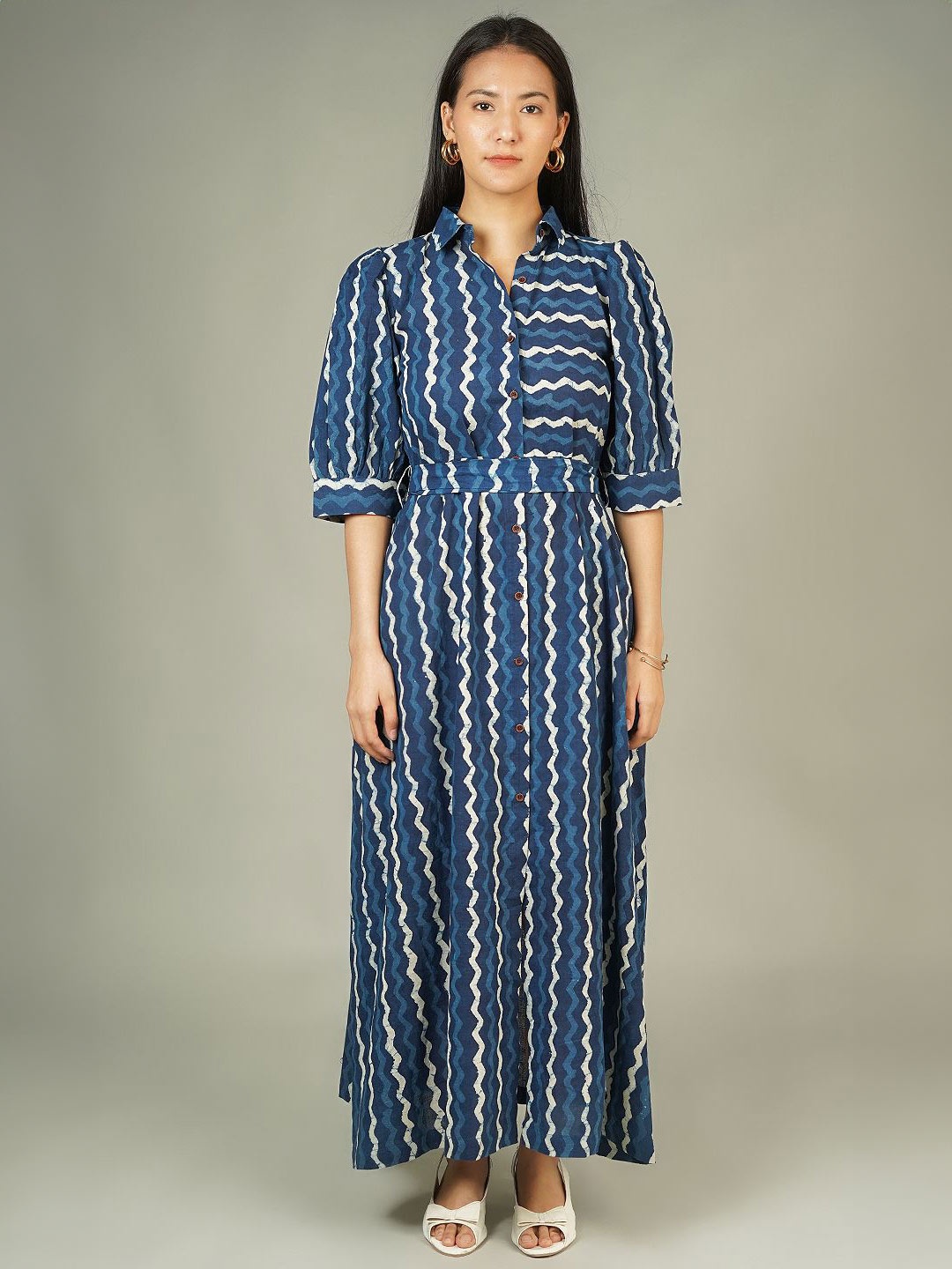 

INDOPHILIA Women Shirt Collar Cotton Midi Dress, Blue