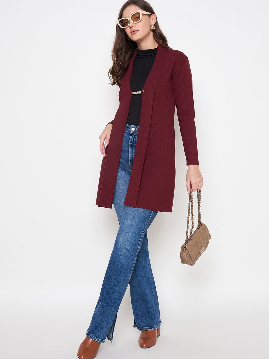 

Zigo Self Design Longline Woollen Open Front Shrug, Maroon