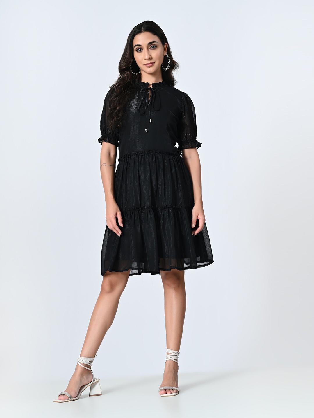 

ALL WAYS YOU Tie-Up Neck Puff Sleeve Tiered Georgette Fit & Flare Dress, Black