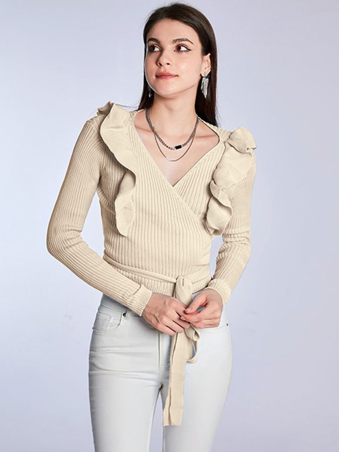 

LULU & SKY Women Striped V-neck Long Sleeves Wrap Top, Beige