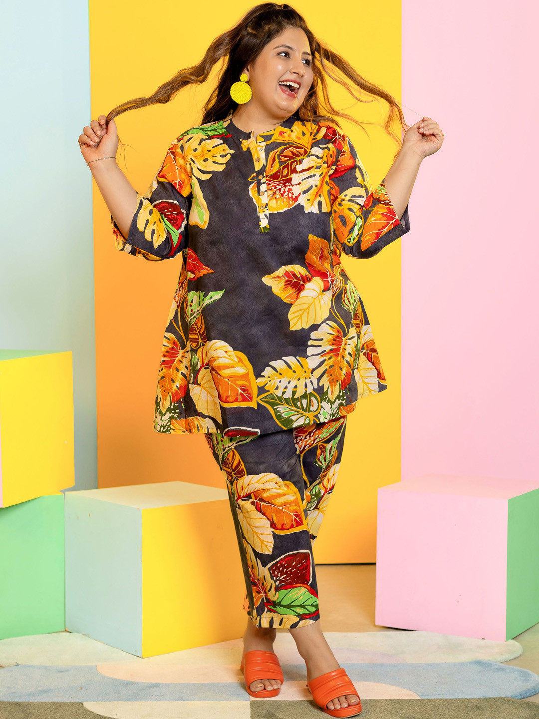 

LALI JAIPUR Plus Size Floral Printed Pure Cotton Tunic With Trouser, Grey