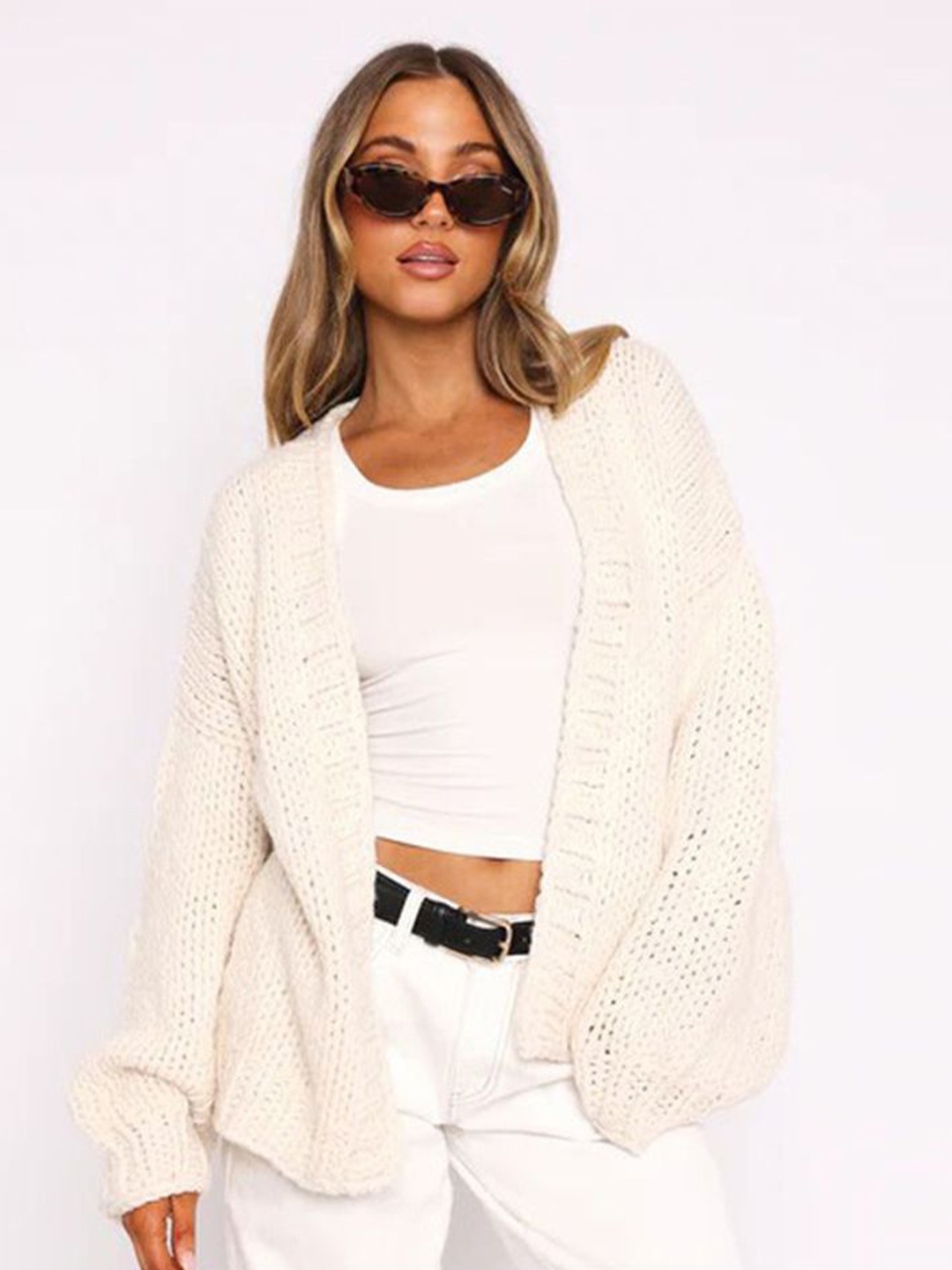 

LULU & SKY Women Self Design Round Neck Long Sleeves Cardigan Sweaters, Beige