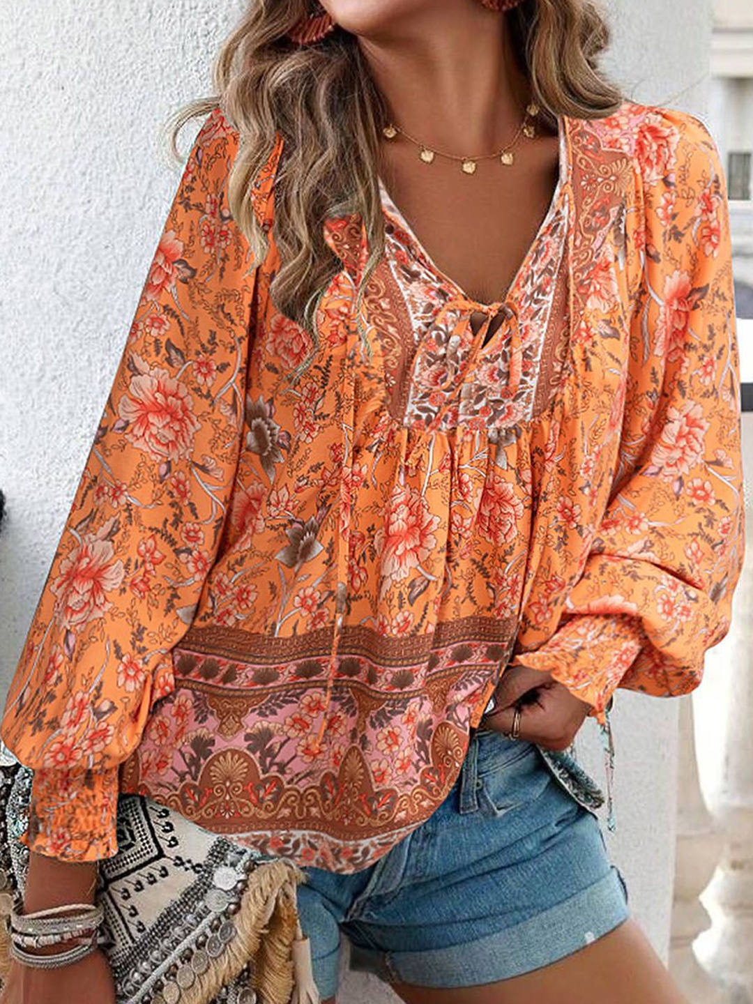 

StyleCast Women Floral Printed Tie-Up Casual Neck Top, Orange