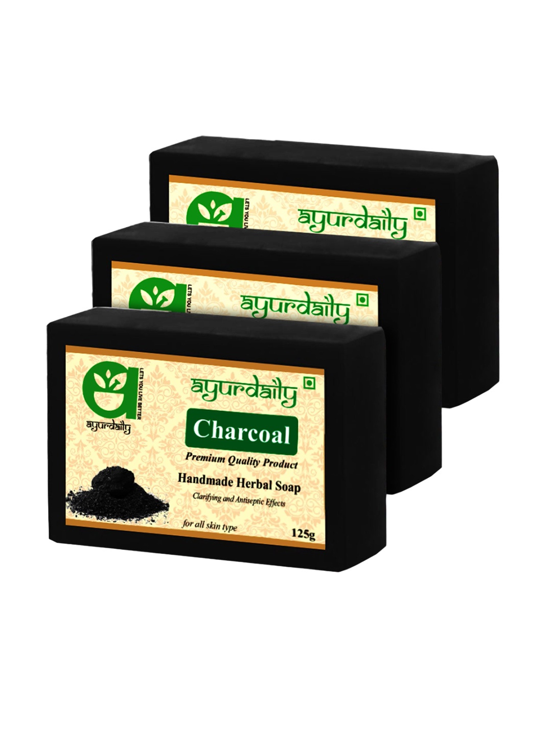 

Ayurdaily Set Of 3 Herbal Charcoal Pure Glycerin Soaps - 125 g Each, Black
