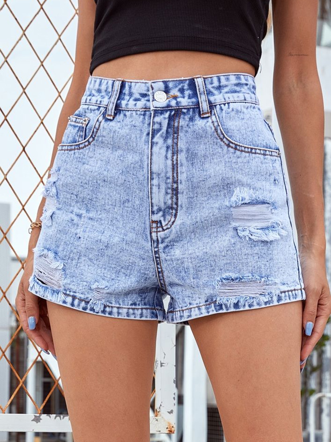 

LULU & SKY Women Washed High-Rise Denim Shorts, Blue