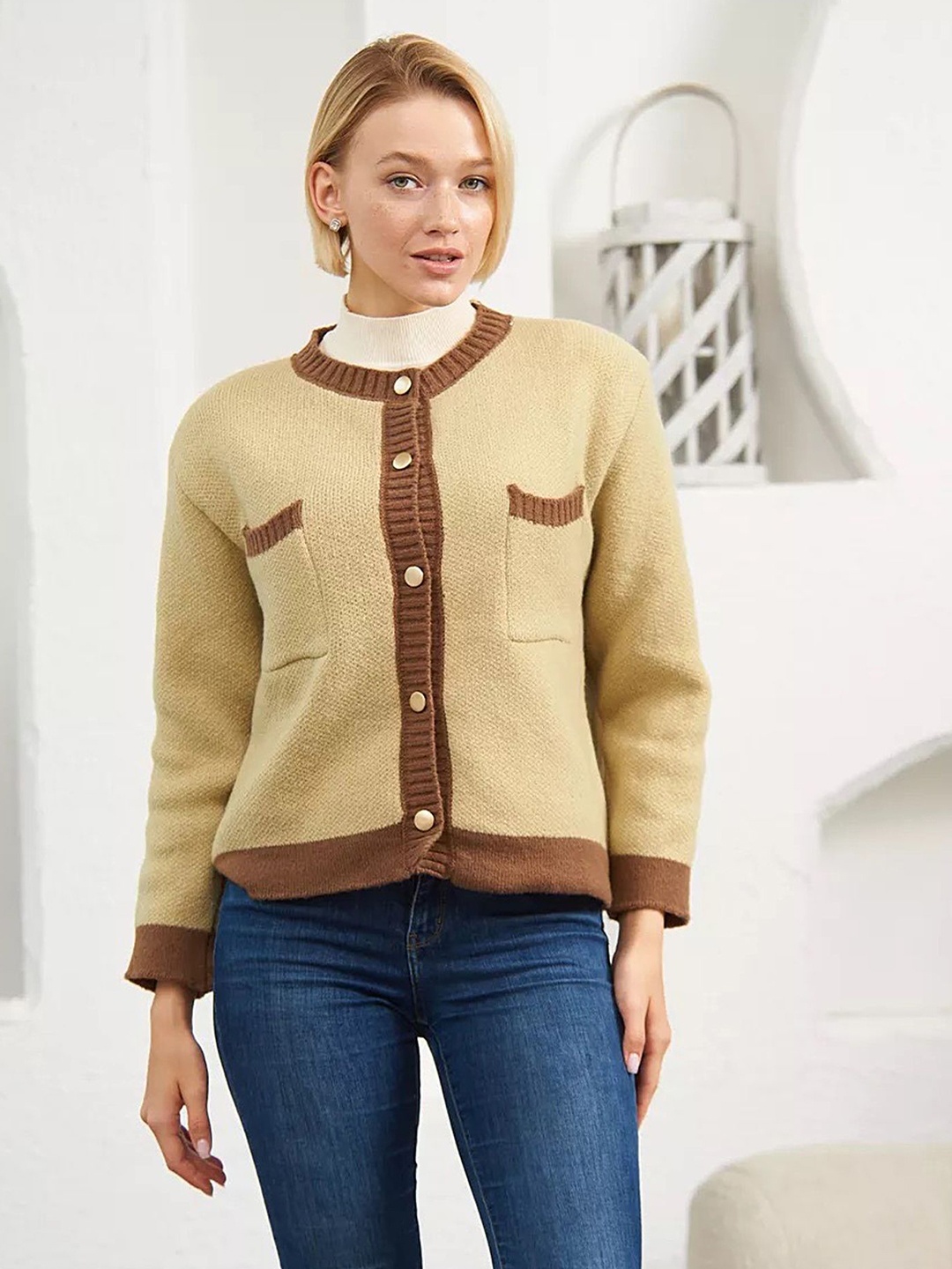 

LULU & SKY Women Colourblocked Long Sleeves Cardigan Sweaters, Khaki