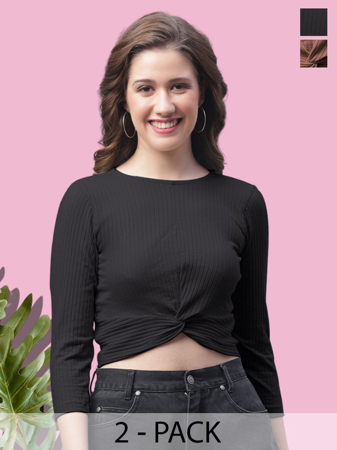 

FBAR Women Pack of 2 Cotton Crop Top, Black