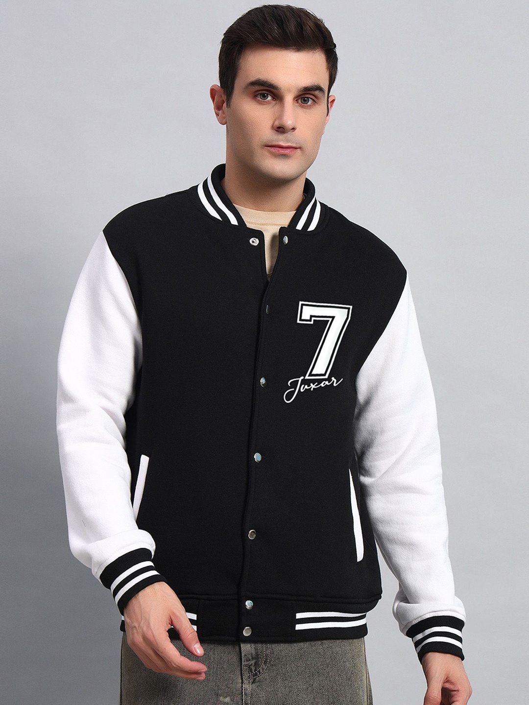 

Juxar Men Stand Collar Colourblocked Cotton Casual Varsity Jacket, Black