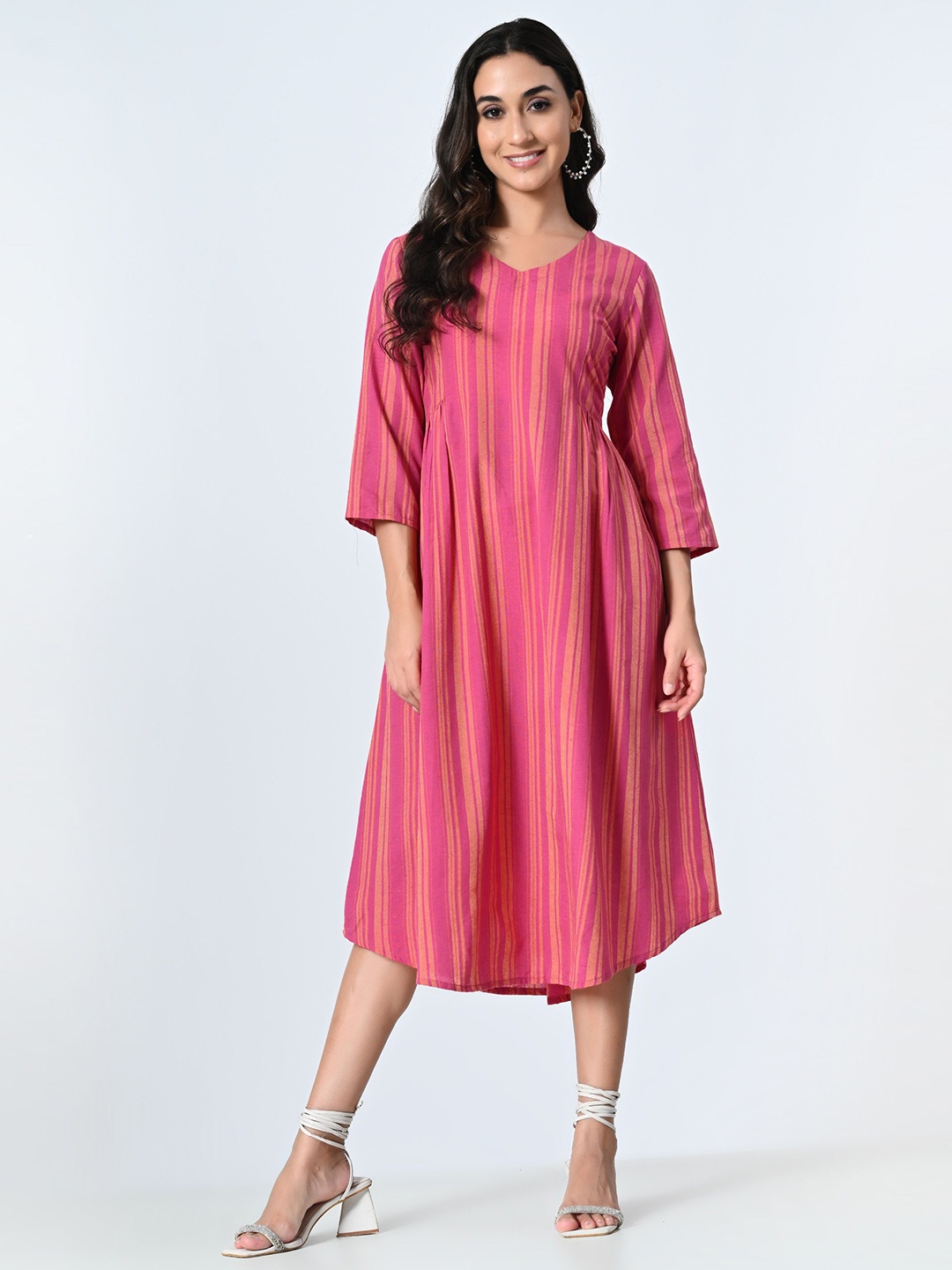 

BAESD Women Striped Cotton A-Line Midi Dress, Pink