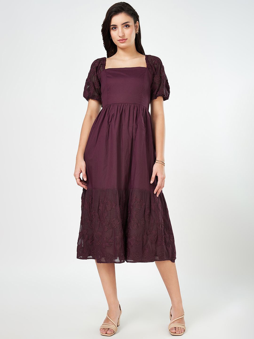 

Honey by Pantaloons Women Puff Sleeves Cotton Fit & Flare Midi Dress, Purple