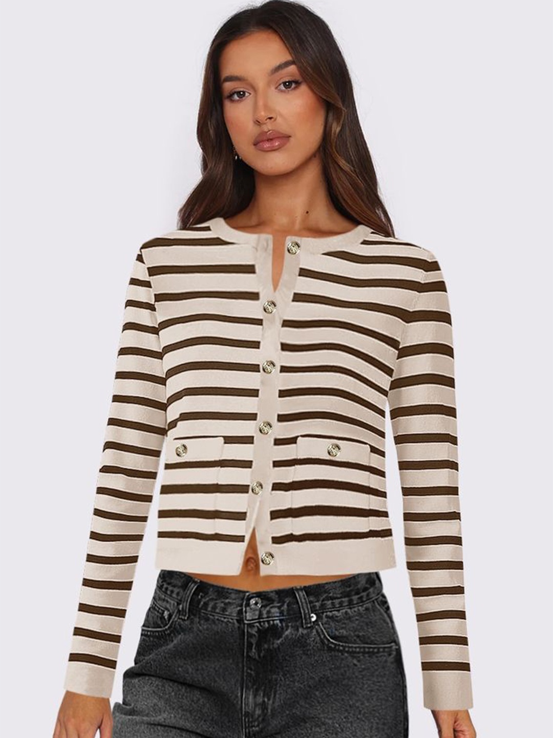 

LULU & SKY Women Striped Round Neck Long Sleeves Cardigan, Khaki