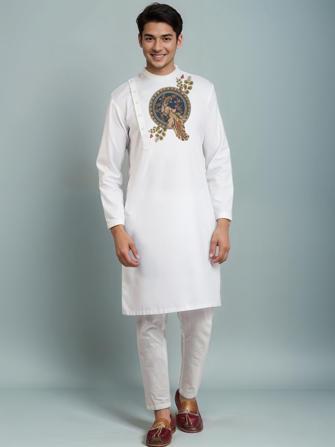 

DEVOILER Floral Printed Mandarin Collar Cotton Straight Kurta, White