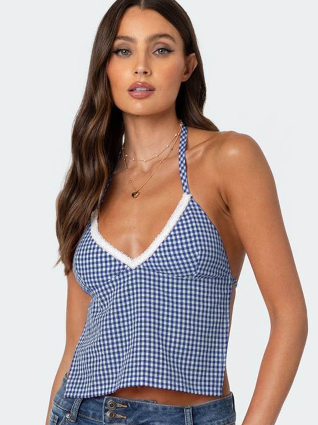 

LULU & SKY Women Halter Neck Checked Top, Blue