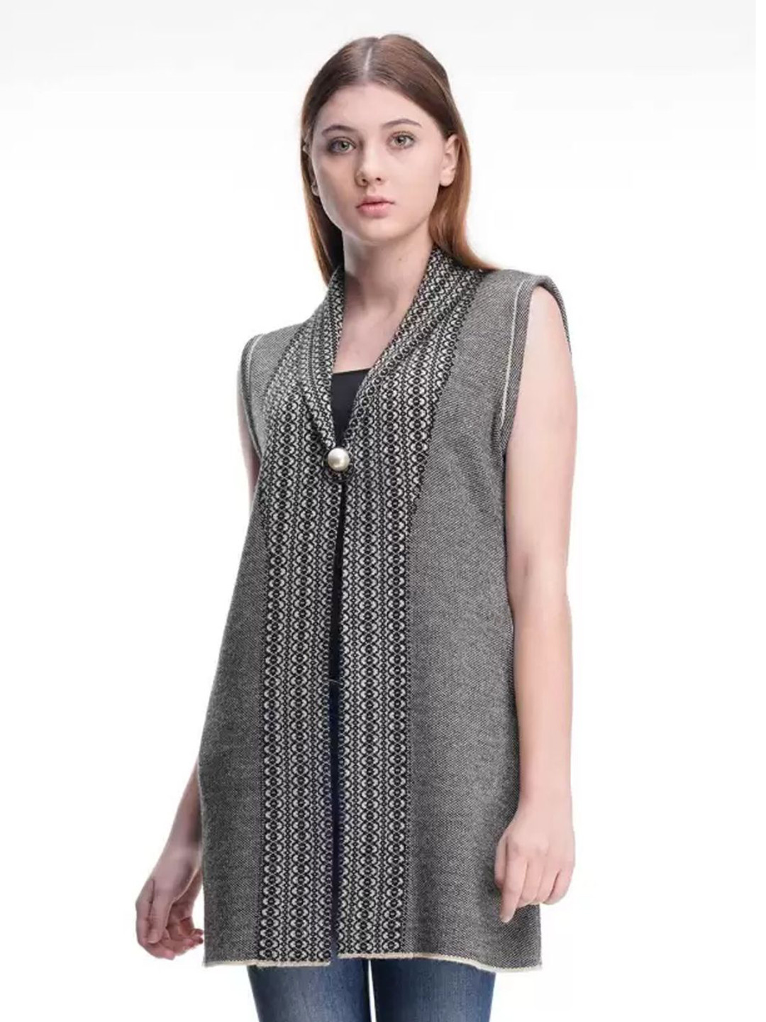

Zigo Self Design Longline Woollen Open Front Shrug, Grey