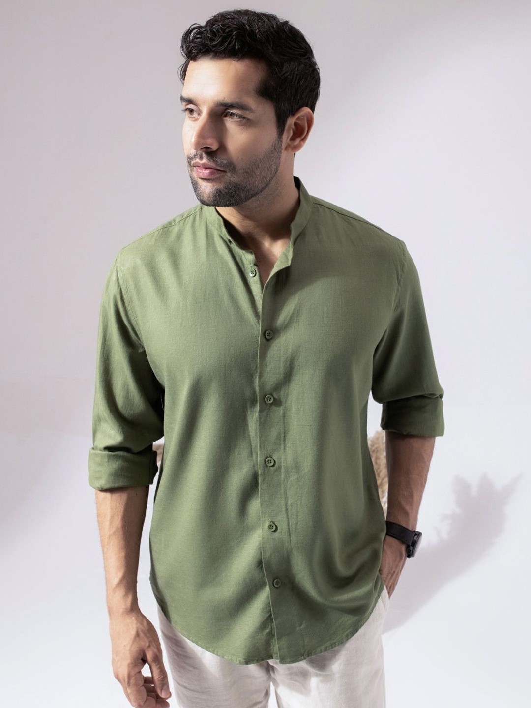 

Perch Men Moss Green Linen Cotton Band Collar Shirt