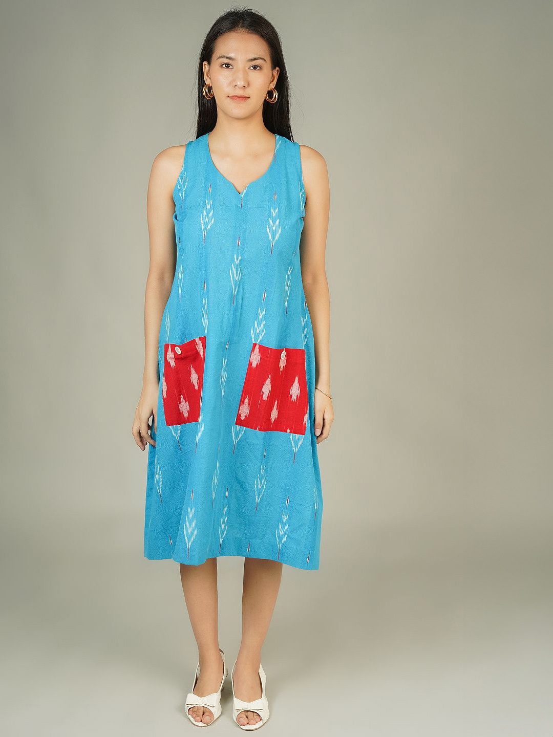 

INDOPHILIA Women Abstract Printed Cotton A-Line Midi Dress, Blue