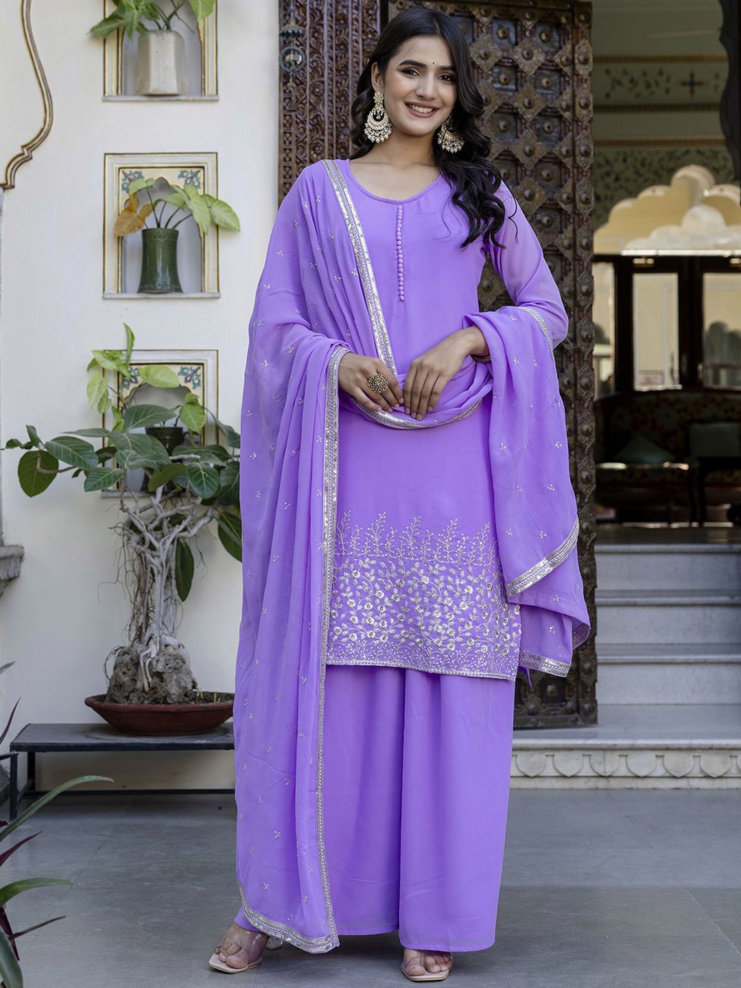 

Nayo Round Neck Floral Embroidered Thread Work Georgette Kurta with Palazzo & Dupatta, Lavender