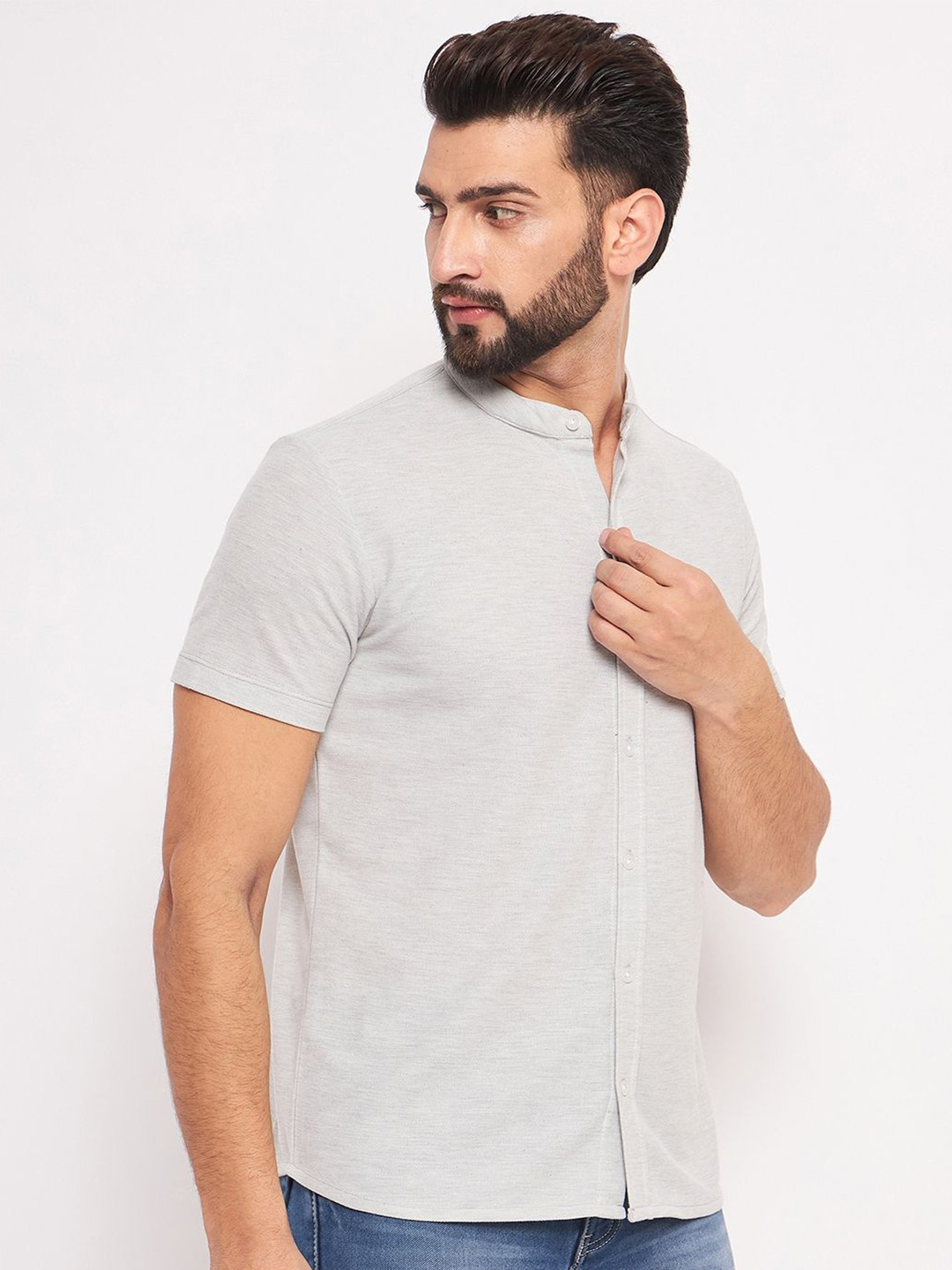 

GET GOLF Men Band Collar Solid Cotton Casual Shirt, Grey