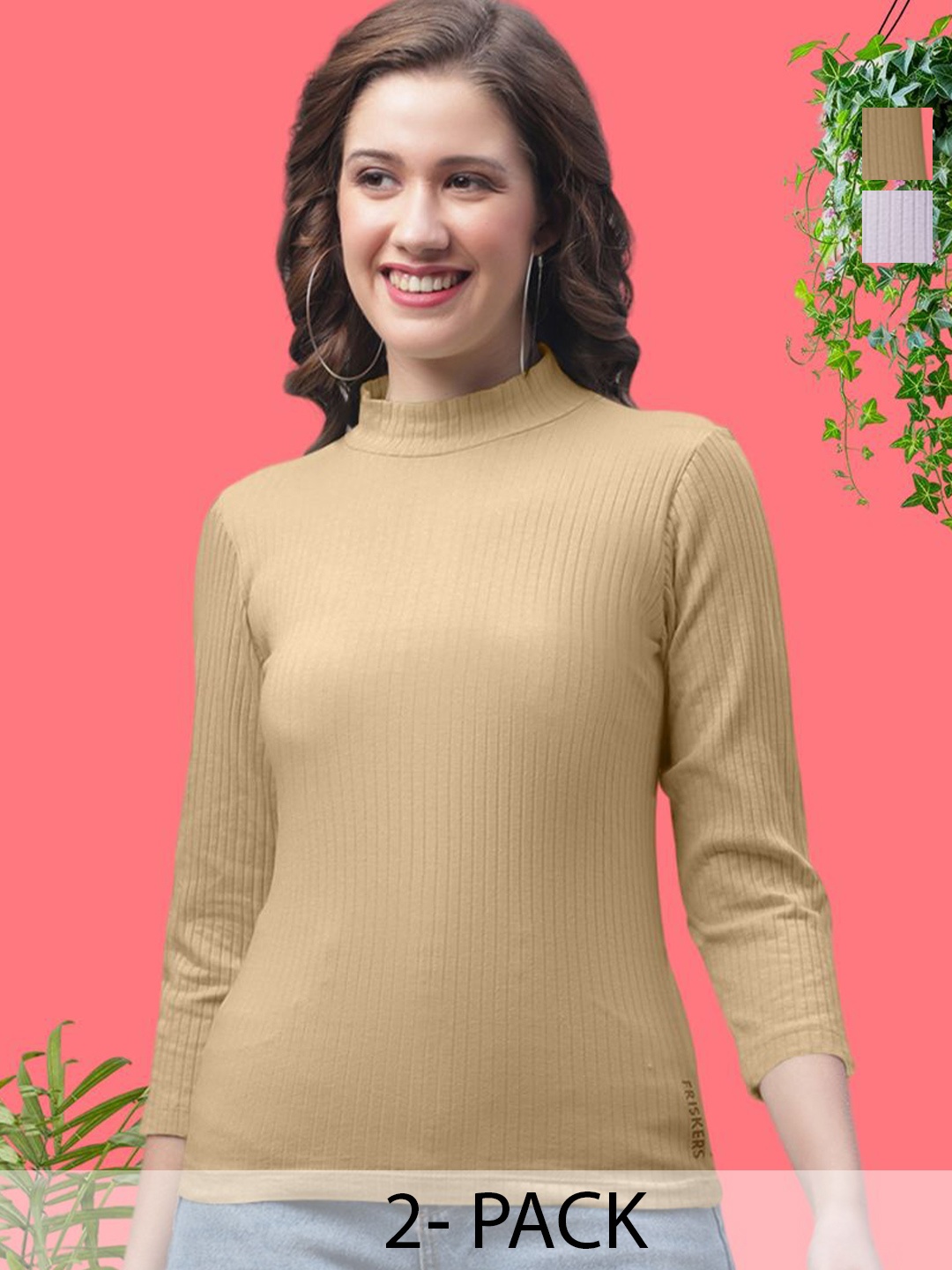 

FBAR Pack Of 2 Women Cotton High Neck Self Design Top, Beige