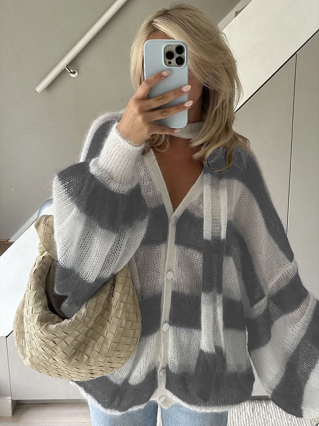

LULU & SKY Women Relaxed Fit Striped Cardigan, Grey
