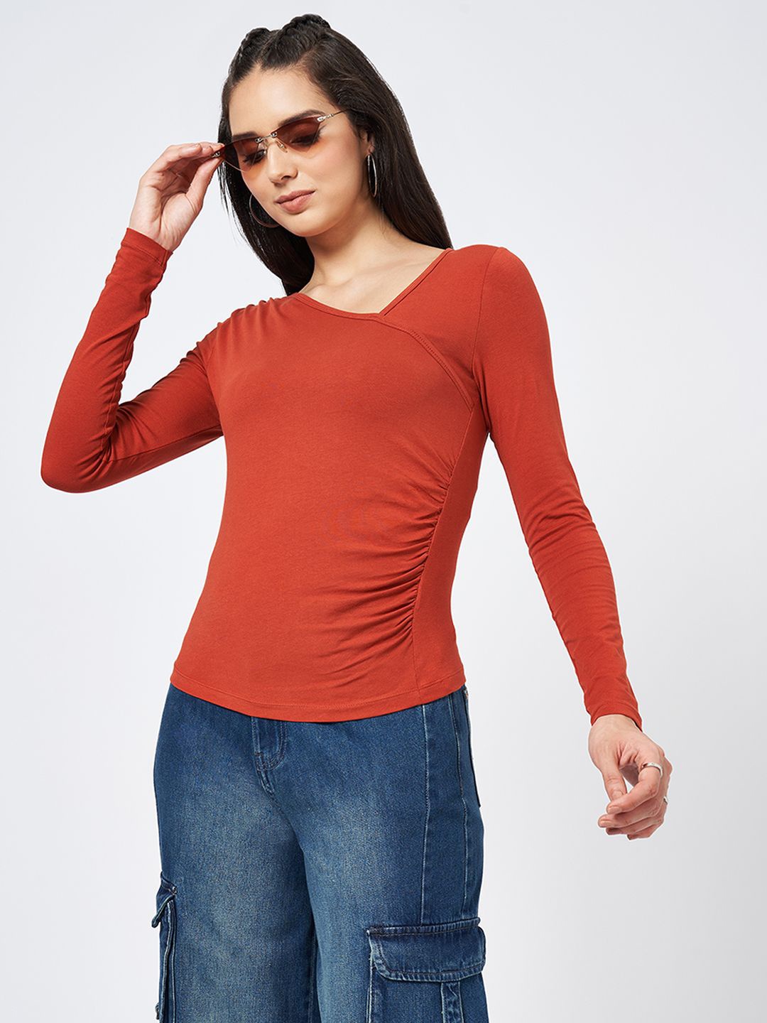 

SF JEANS by Pantaloons Women V-Neck Long Sleeves Cotton Top, Rust