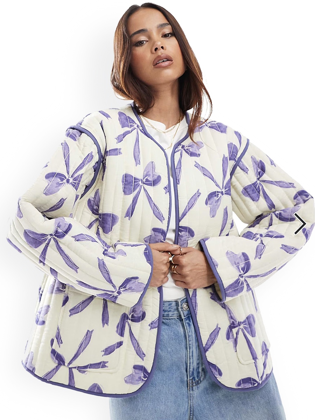 

LULU & SKY Women Collarless Conversational Printed Casual Open Front Jacket, White