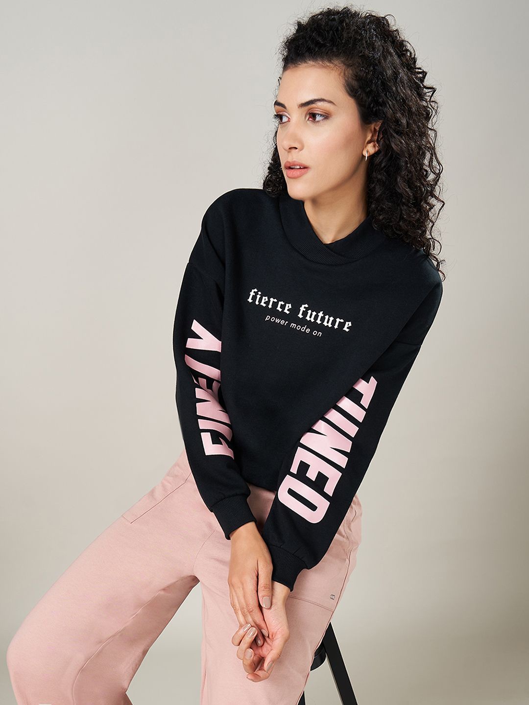 

Ajile by Pantaloons Women Typography Printed Cotton Sweatshirt, Black