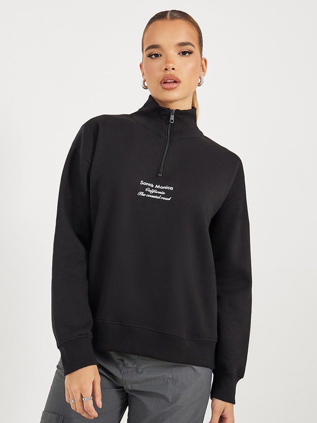 

Styli Women Regular Fit Regular Length Half Zip Slogan Print Sweatshirt, Black