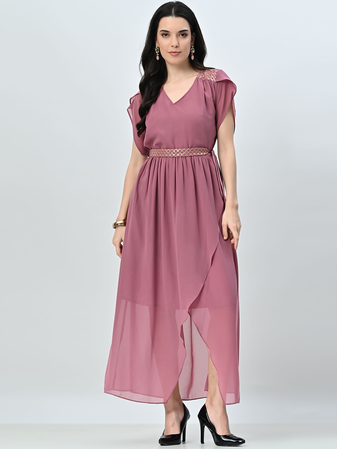 

BAESD Women A-Line Layered Maxi Dress Comes with a belt, Pink