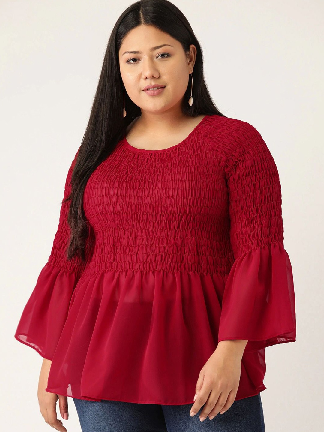 

theRebelinme Women Bell Sleeve Smocked Detail Peplum Top, Maroon