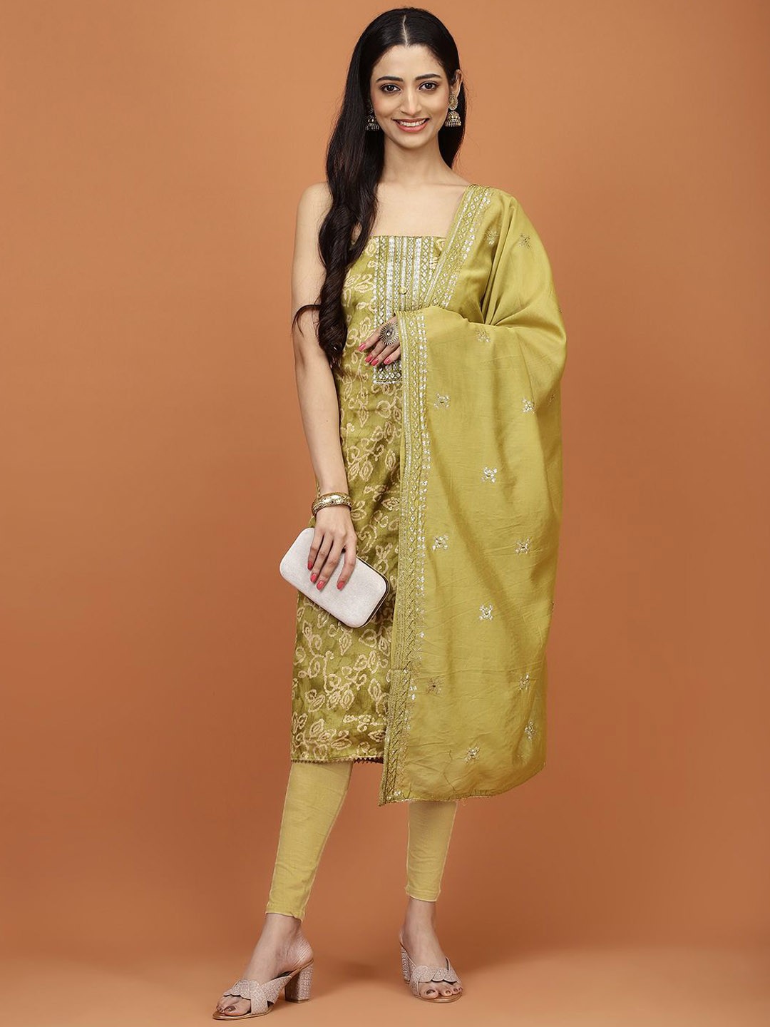

Meena Bazaar Ethnic Motifs Printed Sequinned Unstitched Dress Material, Green