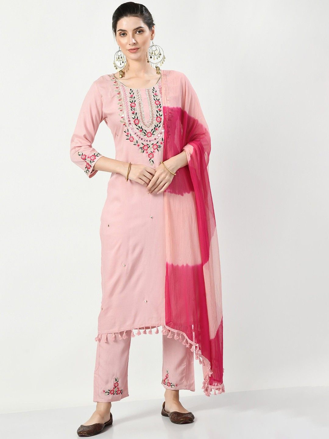 

LUSIVA Floral Embroidered Mirror Work Round Neck Straight Kurta, Pink