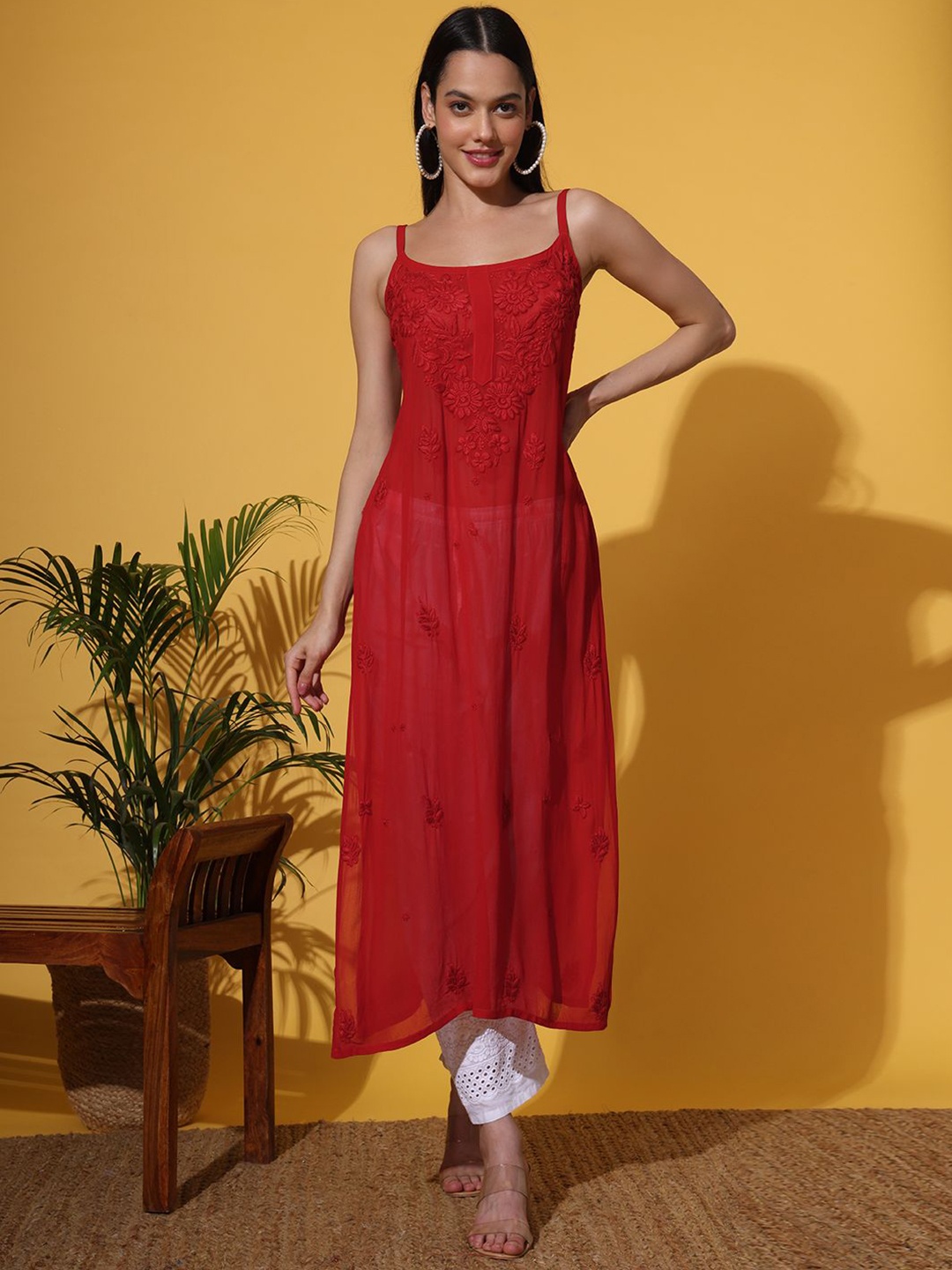 

The Chikan Label Floral Embroidered Chikankari Straight Kurta, Red