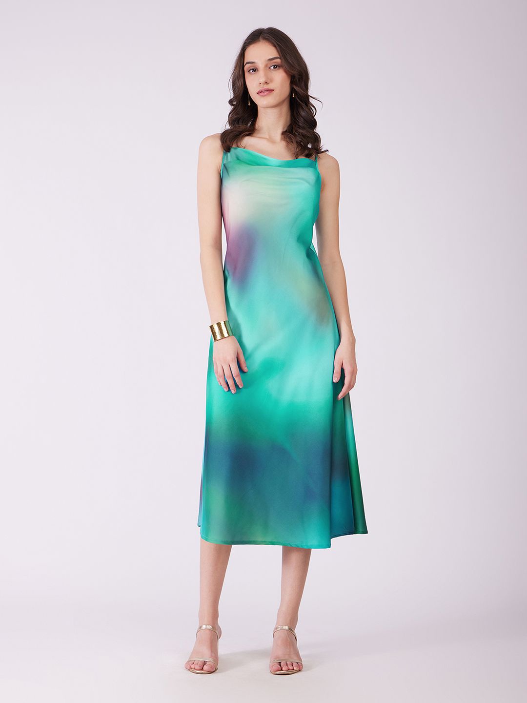 

FableStreet Women Dyed Cowl Neck Satin A-Line Midi Dress, Sea green