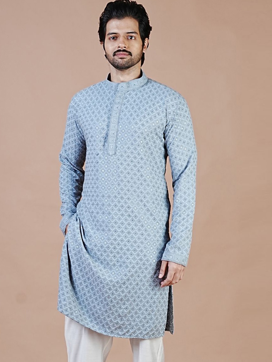 

ARYA Embellished Embrodiered Mandarin Collar Straight Kurta, Grey