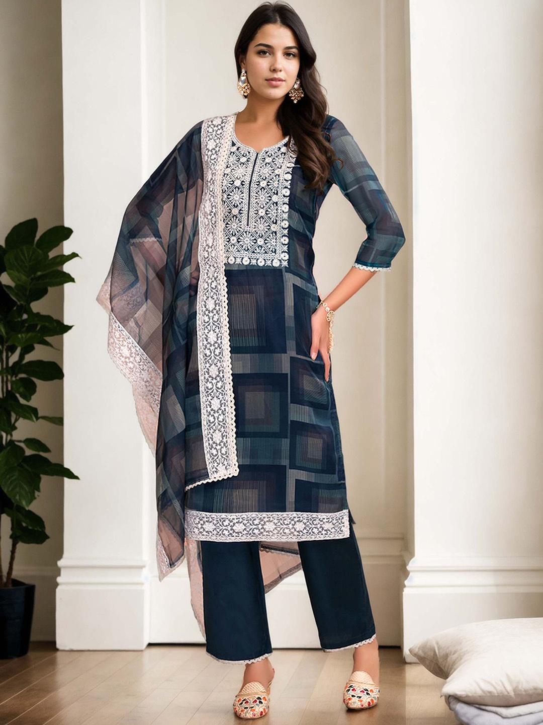 

Anouk Teal Blue Embroidered Sweetheart Neck Organza Straight Kurta With Trouser & Dupatta