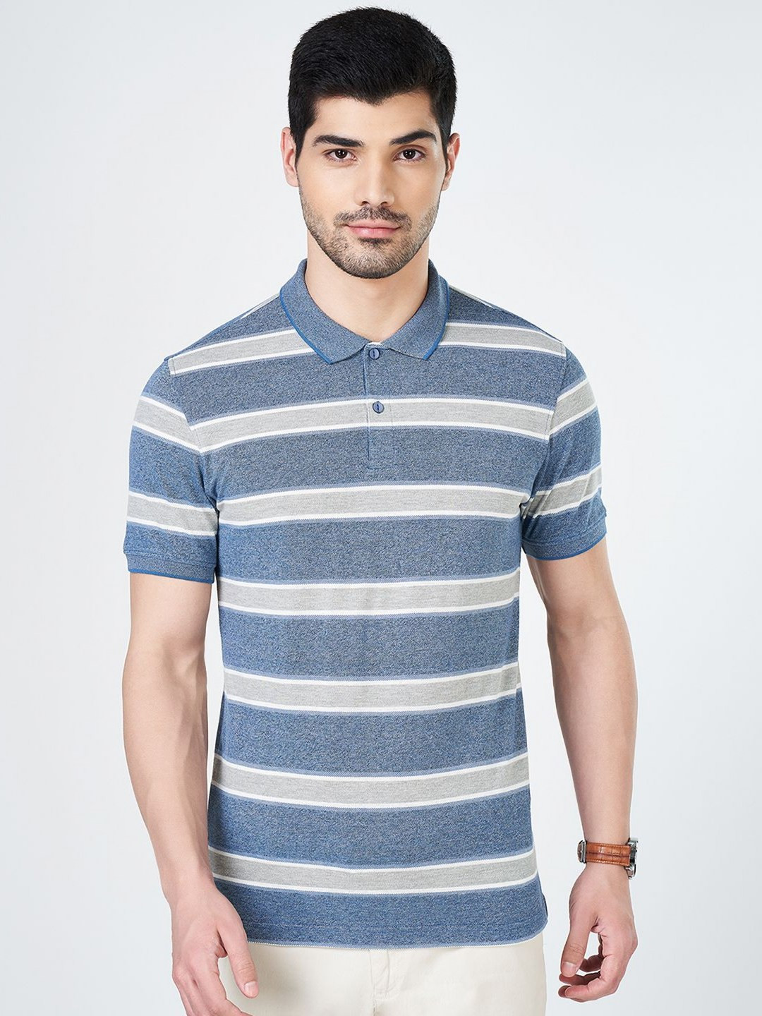 

BYFORD by Pantaloons Men Polo Collar Striped Slim Fit T-shirt, Blue