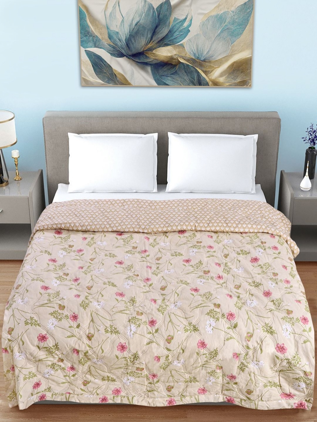 

FABINALIV Beige & Green Floral Mild Winter 350 GSM Double Bed Quilted Reversible Comforter